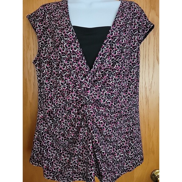 BRIGGS NEW YORK WOMENS 1X Print Top Black Cap Sleeve Casual V-Neck Layered - Picture 1 of 6